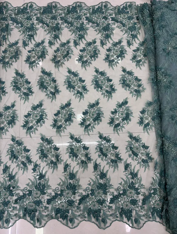 New designer imported beads handwork net fabrics DN- handwork applique green